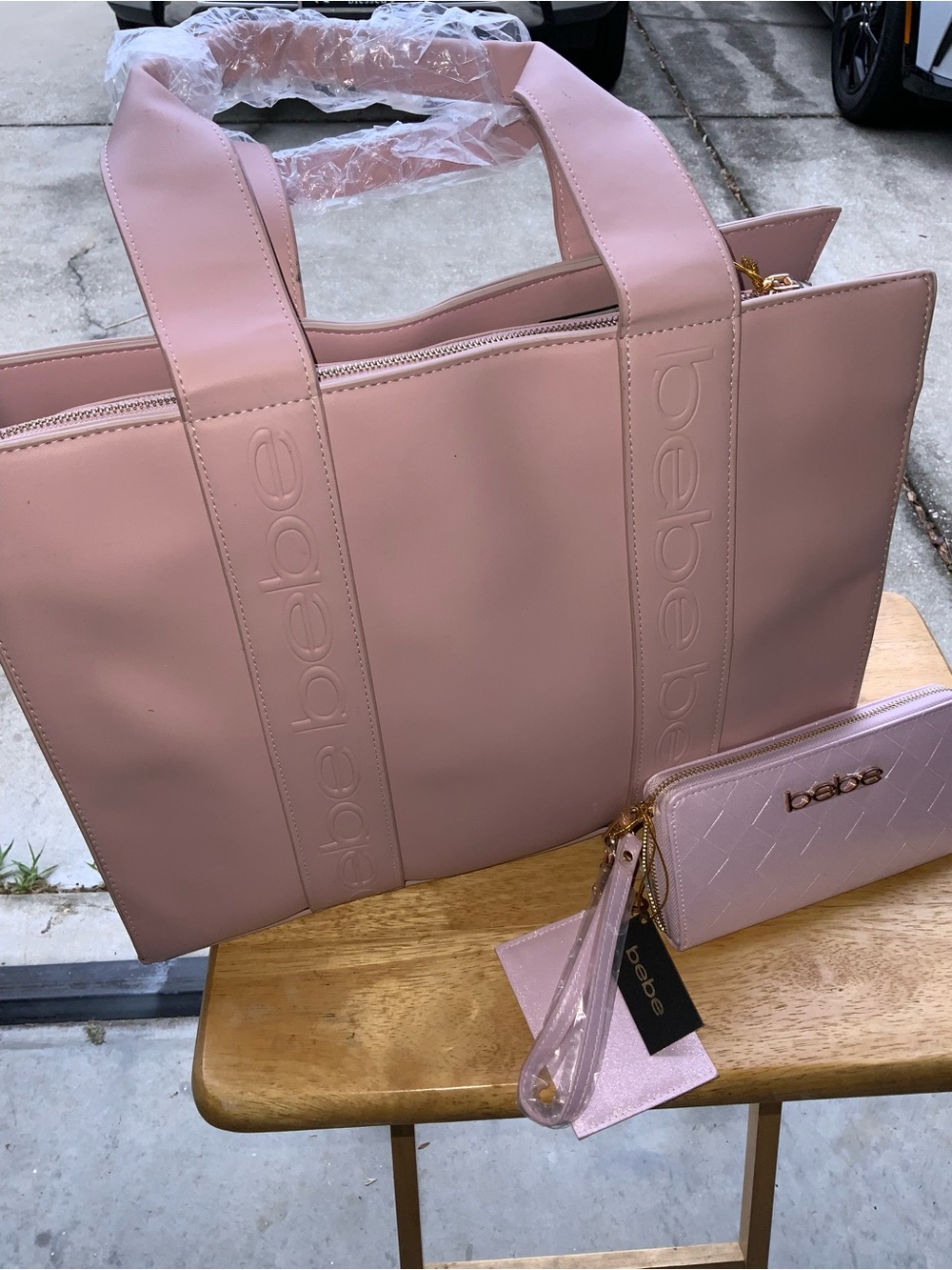 bebe Blush Pink Tote with Matching Wallet and Wristlet